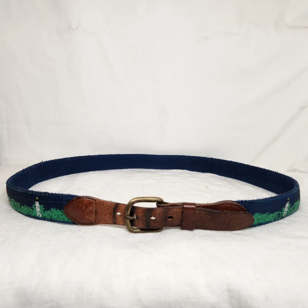 Leather Man LTD Lighthouse Belt 42 Navy Woven Leather Solid Brass Buckle USA